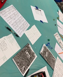 A circular table with several sheets of paper, pencils, and dice. A copy of the Cairn rulebook can be seen in the foreground.